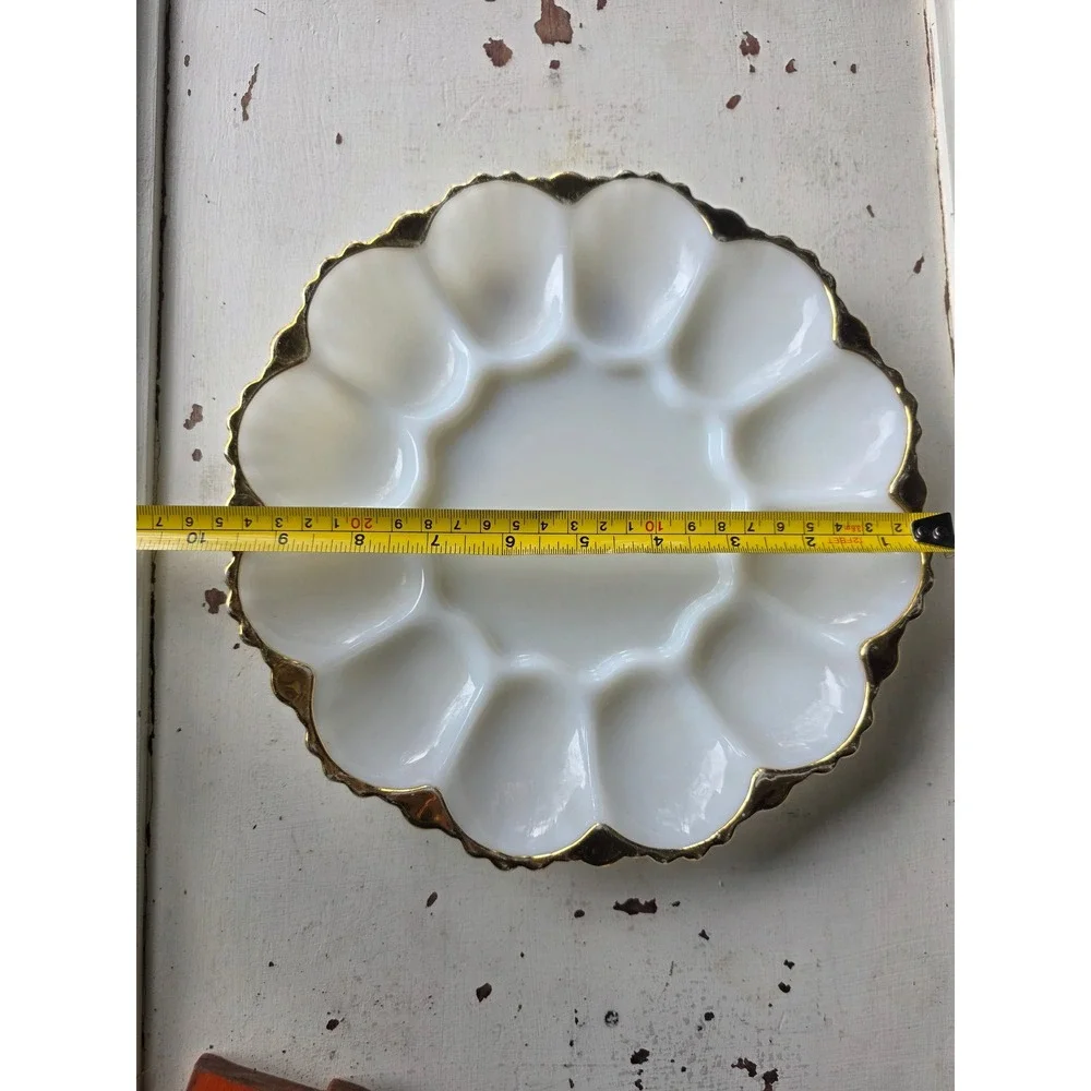 Vintage Anchor Hocking White Milk Glass Deviled Egg Plate Scalloped Gold Trim